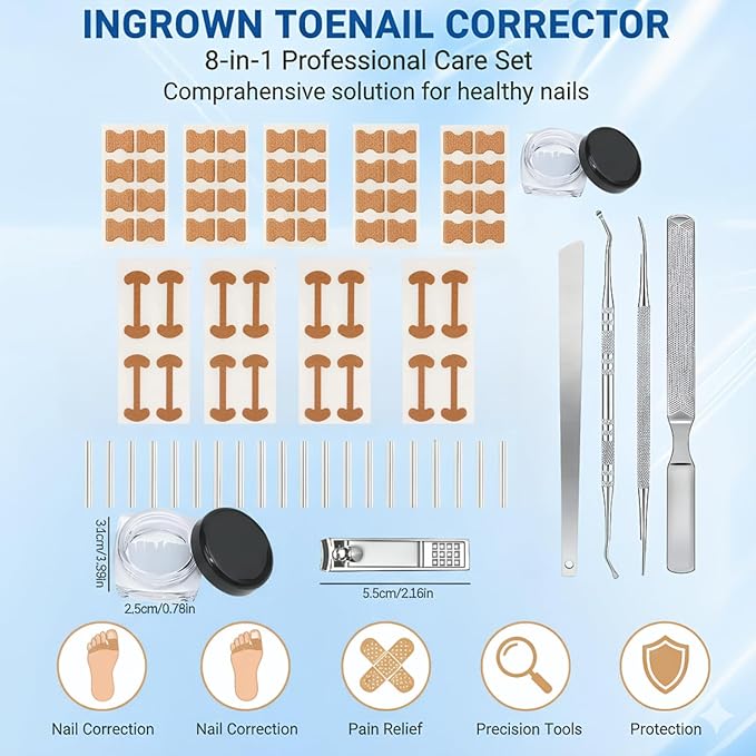 Ingrown Toenail Removal Kit, Professional Ingrown Toenail Corrector Set with Toenail Correction Strips, Curved Toenails Corrector Patch, Painless File and Lifter Pedicure Tools for Home Treatment
