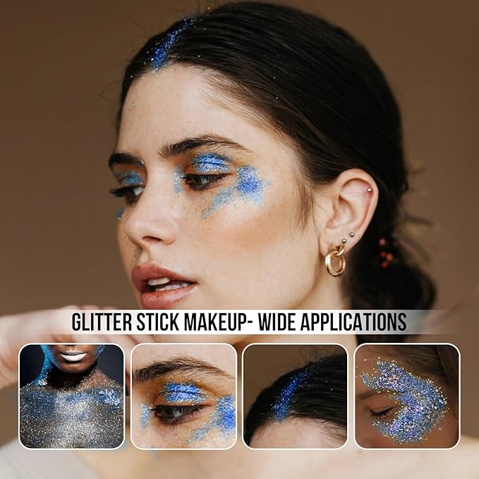Brzeaf Waterproof Blue Glitter Stick, Christmas Festival Rave Accessories, Safe Ingredients & Long Lasting, Hair Eyeshadow Face Glitter Stick, Singer Concert Music Rave Festival, Glitter Makeup