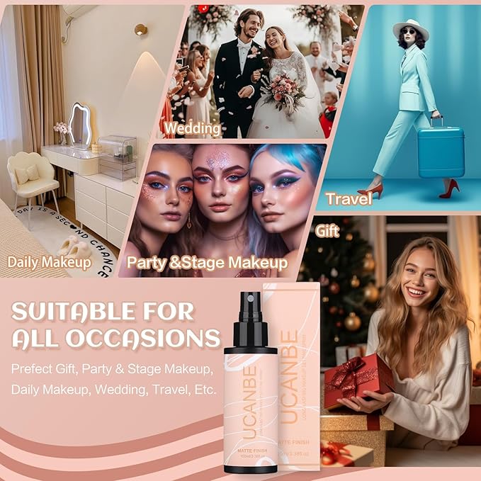 UCANBEMAKEUP Long Lasting Makeup Setting Spray Kit - 3.38 Fl oz Super Matte Finish Setting Mist Lightweight Face Make up Fixer for Oily Skin + 1PC Sponge Puff + 1PC Powder Puff