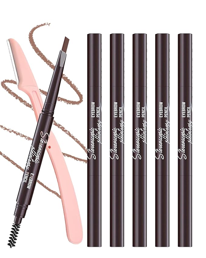 Berinist 6 Pack Light Brown Eye Brow Pencil, Waterproof Eyebrow Pencils for Women- Dual-Ended with Spoolie Brush and Triangular Tip for Easy Defining, Natural Fill, Long-Lasting Brows, Sweatproof