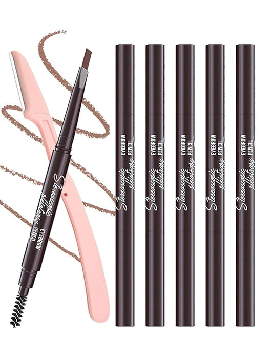 Berinist 6 Pack Light Brown Eye Brow Pencil, Waterproof Eyebrow Pencils for Women- Dual-Ended with Spoolie Brush and Triangular Tip for Easy Defining, Natural Fill, Long-Lasting Brows, Sweatproof