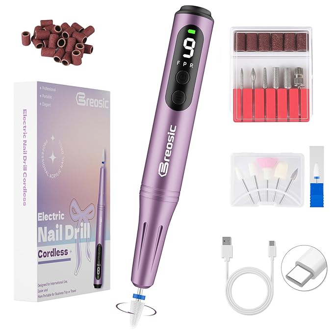 Breosic Electric Nail Drill 35000RPM,12-in-1 Nail File Portable USB-Rechargeable Cordless Nail Drill Professional with 9-Speed & LED Display Manicure Pedicure Nail Kits for Acrylic & Gel Nails(Purple)