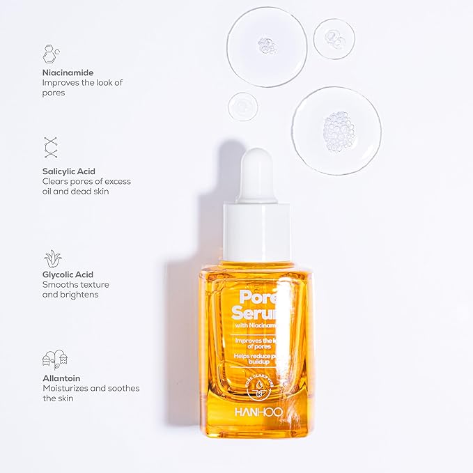 Hanhoo Pore Serum with Niacinamide, 1.01 Fl. Oz., with Niacinamide, Salicylic Acid, and Glycolic Acid, Gently Exfoliates, Clears Clogged Pores, Minimizes Enlarged Pores, Korean Skincare