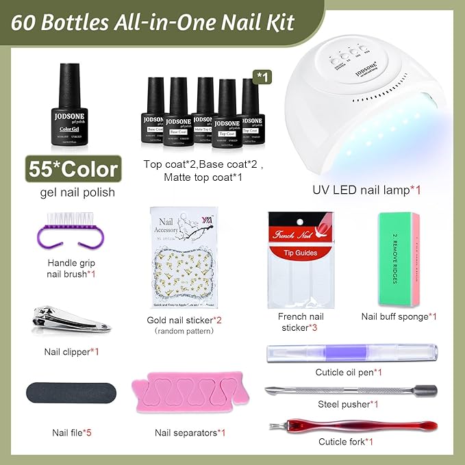 JODSONE 60 PCS Gel Nail Polish Kit with U V Light 55 Colors Gel Polish Base Top Coat Manicure Gifts
