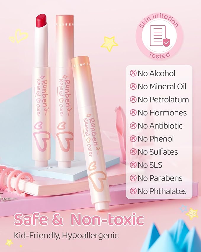 RUNBEN Kids Tinted Lip Balm, Fresh Cherry Lips Gloss, 24H Moisturizing, Safe & Non-toxic Lipstick for Kids & Teen, Christmas Makeup Gift for Girls, 2g