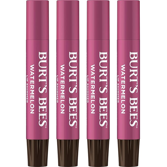 Burt’s Bees Lip Shimmer Watermelon; Warm, Luminescent Color; High Impact, Instant Moisture; with Shea and Cocoa Butters; 100% Natural Origin; 4 Tubes, 0.09 Oz. (Packaging May Vary)