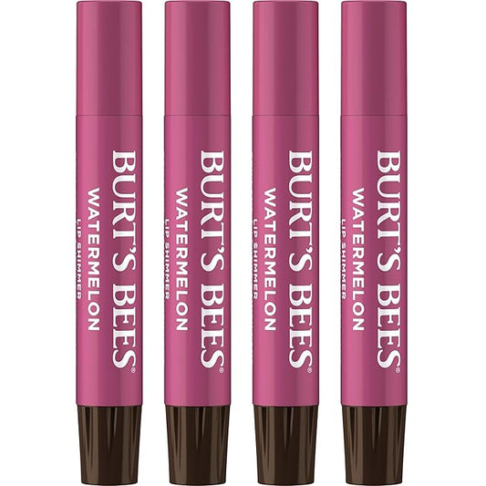 Burt’s Bees Lip Shimmer Watermelon; Warm, Luminescent Color; High Impact, Instant Moisture; with Shea and Cocoa Butters; 100% Natural Origin; 4 Tubes, 0.09 Oz. (Packaging May Vary)