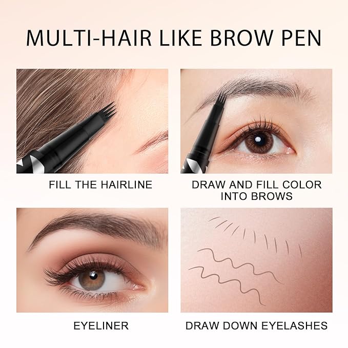 LAVONE 2-IN-1 Dual-ended Waterproof Eyebrow Pencil, 4 Tip Microblading Pen and Ultra-Precise Brow Pencil, Dual-ended Eyebrow Brush, Natural Looking Dark Black