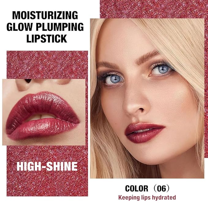 Wine Red Shimmer Metallic Moisturizing Glow Plumping Lipstick Makeup, Lipstick with Metallic 3D Shine Lightweight Hydrating Formula, Glitter Lip Gloss Stain Long Lasting Waterproof (06#Wine Red)