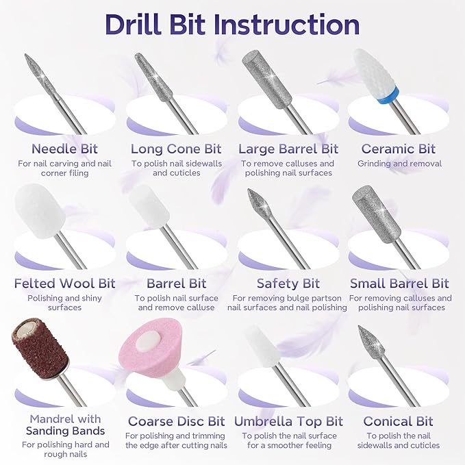 Breosic Electric Nail Drill 35000RPM,12-in-1 Nail File Portable USB-Rechargeable Cordless Nail Drill Professional with 9-Speed & LED Display Manicure Pedicure Nail Kits for Acrylic & Gel Nails(Purple)