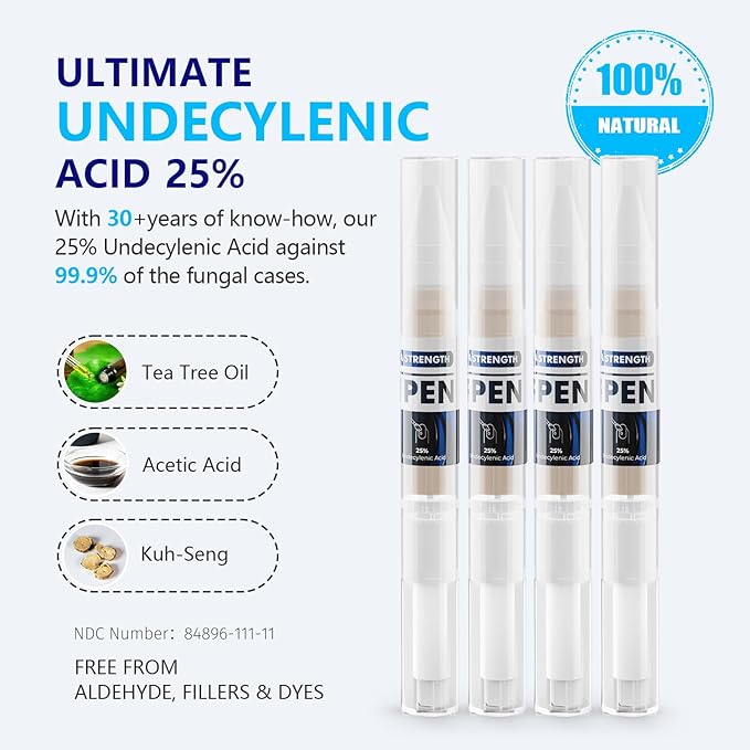 4-PACK Nail Fungus Pen - Toenail Fungus Treatment Extra Strength 25% Undecylenic Acid, Fast-Acting 7 Days Toe Nail Fungus Treatments, Tea Tree Oil, Acetic Acid Fungal Nail Repair Pens for Damaged Nail