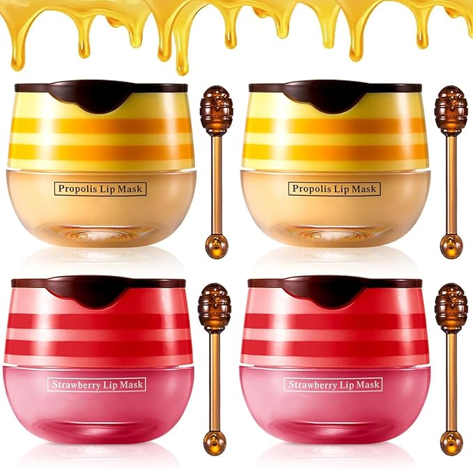 Honey & Strawberry Lip Balm Lip Mask, Hydrate Repair Prevent Dry Cracked Lip, Effective Reduces Lip Lines, Vitamin E Moisturizing Propolis Sleeping Lip Care (4 Set Honey & Strawberry)