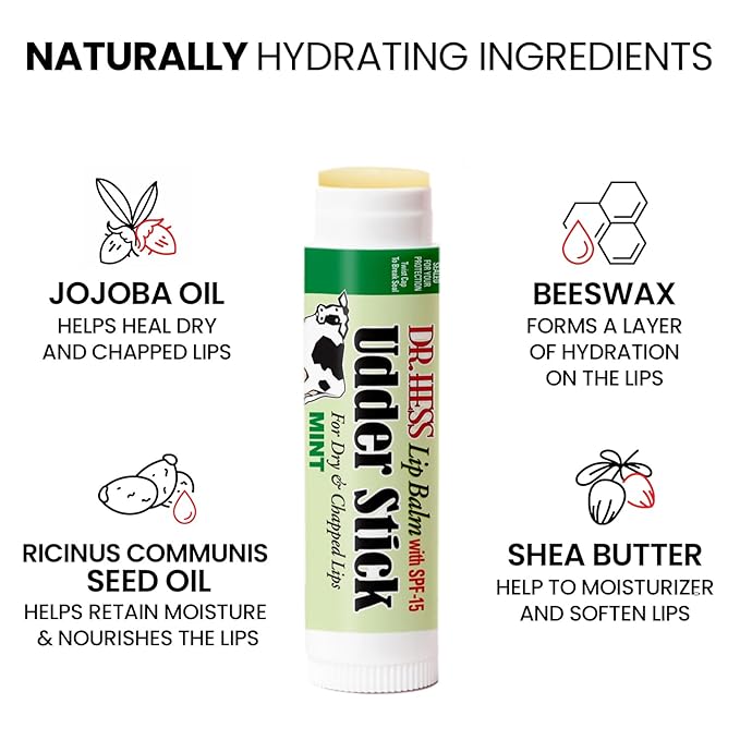 Dr. Hess Original Udder Stick SPF Lip Balm, Soothing Moisturizer Sun Screen Balm for Dry Lips with Jojoba, Beeswax & Shea Butter, Total Lip Care, Hydration & Repair, Mint Flavor, 4 Pack