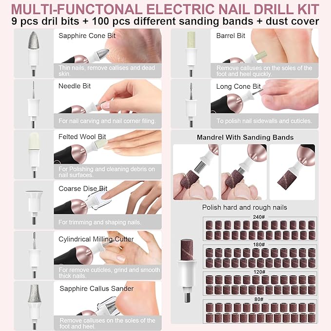 2 Pack 9-in-1 Electric Nail Grinder with 100 Bits: Cordless, 5 Speeds, Professional Manicure & Pedicure Kit
