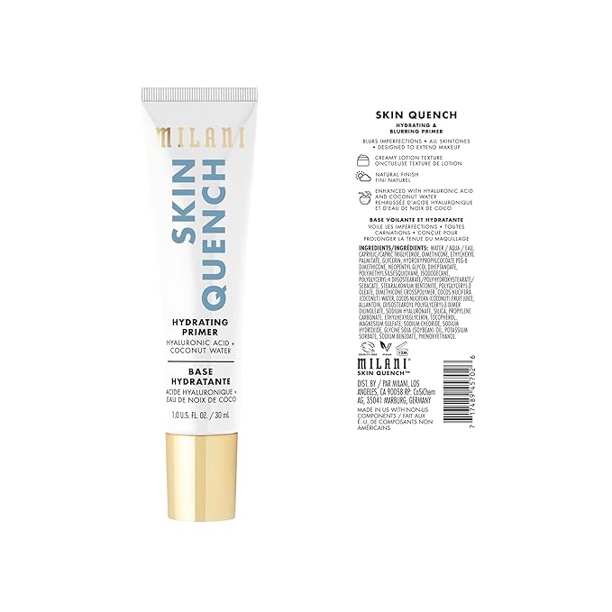 Milani Face Primer for Makeup -Skin Quench Hydrating & Blurring Primer with Hyaluronic Acid & Coconut Water, 1.0 Fl. Oz