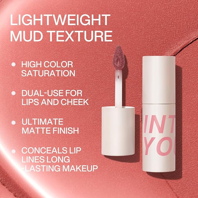INTO YOU Velvet Matte Finish Lip Stain, Super Stay Lip Stain Long Lasting Waterproof, Lip Tint, Lip Mud Soft Lightweight, Smooth Lip Clay Mousse, Dual-Use For Lips And Cheek, Red Lipstick, W1