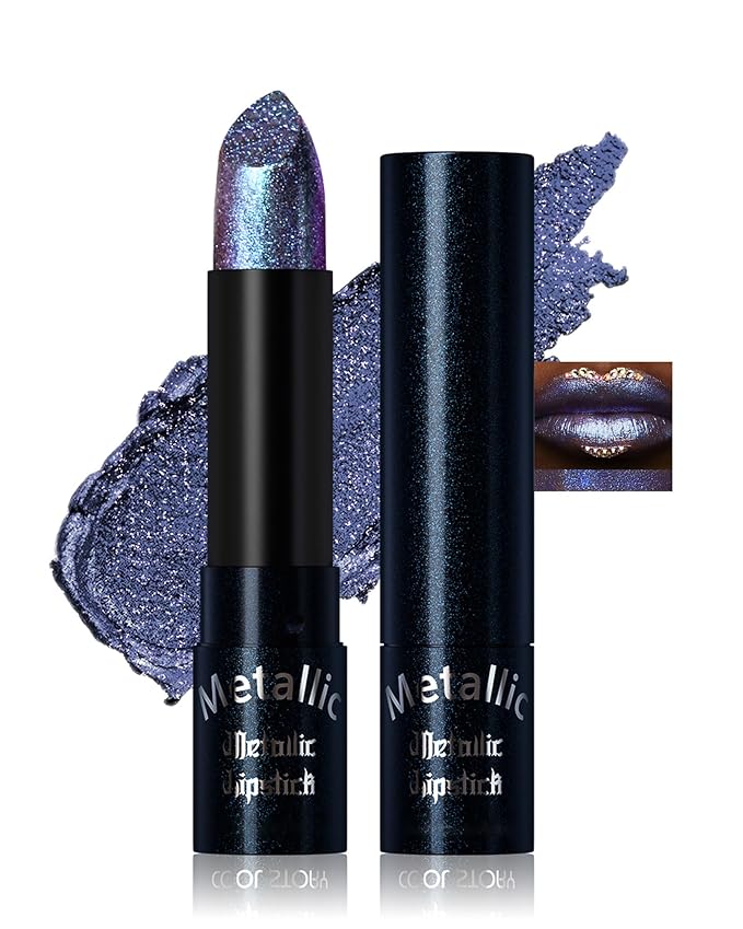 Glitter Dark Blue Metallic Lipstick for Women,Long Lasting Shimmer Sparkling Diamond Lipstick Glitter High Pigmented Lip Gloss Metallic Matte Red Lip Color Stain Waterproof Halloween Lips Makeup-14