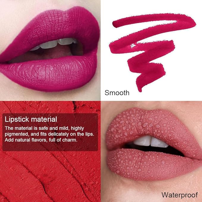 evpct 8Pcs Matte Lipstick and Lip Crayon Lip Liner Pencil Pen Set for Women Dark Ruby Deep Red Nude Beige Chestnut Brown Mauve Plum Purple Wine Red Matte Lip Liner Crayon and Liquid Lipstick 03