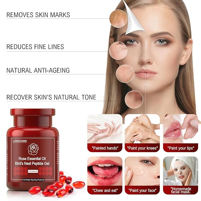 LONGCHANX Rose Essential Oil Gel, Face Oils, Face Moisturizer for Women, Organic Essential Oils for Face, Skin Care 35g(70 Pcs)
