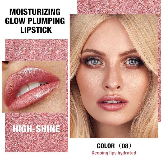 Champagne Shimmer Metallic Moisturizing Glow Plumping Lipstick Makeup, Lipstick with Metallic 3D Shine Lightweight Hydrating Formula, Glitter Lip Gloss Stain Long Lasting Waterproof (08#Champagne)