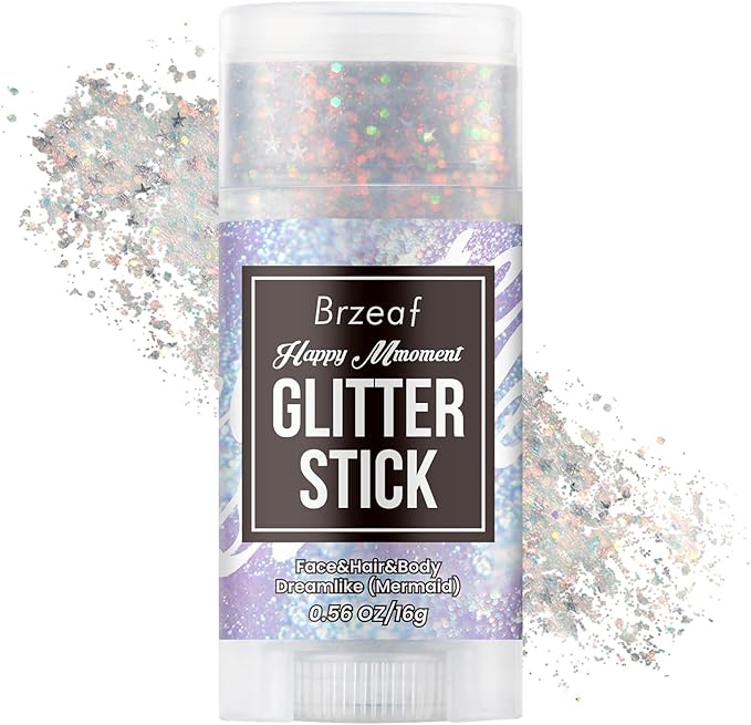 Brzeaf Waterproof Mermaid Glitter Stick, Shimmery& Long Lasting, Christmas Hair Eyeshadow Face Body Glitter, Singer Concert Music Rave Festival, Glitter Stick Makeup & Face Glitter Gel for Women Men