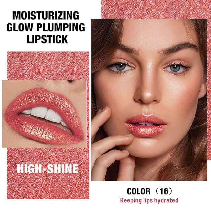 Rose Gold Shimmer Metallic Moisturizing Glow Plumping Lipstick Makeup, Lipstick with Metallic 3D Shine Lightweight Hydrating Formula, Glitter Lip Gloss Stain Long Lasting Waterproof (16#Rose Gold)