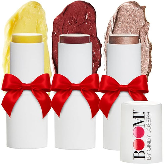 Boomstick Trio ® Color 3 Pack Cream Blush Makeup, Color Blush Stick, Highlighter Stick & Moisturizer for Cheeks, Eyes & Lips, Blendable Vegan Boom Sticks by Cindy Joseph for Older Women, BOOM Beauty