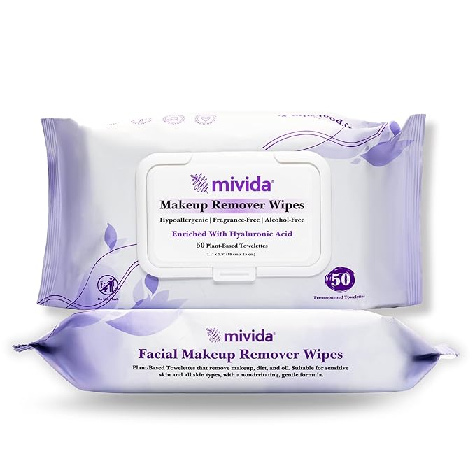 mivida Hypoallergenic Makeup Remover Wipes with Hyaluronic Acid, Fragrance Free Makeup Wipes for Sensitive Skin, Plant-Based, Alcohol Free, Convenient Twin Pack - 2x50 Count