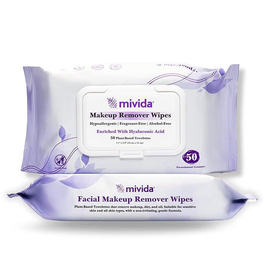 mivida Hypoallergenic Makeup Remover Wipes with Hyaluronic Acid, Fragrance Free Makeup Wipes for Sensitive Skin, Plant-Based, Alcohol Free, Convenient Twin Pack - 2x50 Count