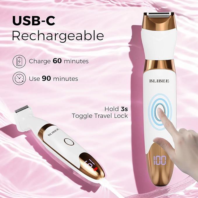 BLIBEE Bikini Trimmer for Women, LED Display Electric Razors for Women, 5-in-1 Electric Shaver, Rechargeable Painless Pubic Hair Trimmer for Legs, Underarms, Face & Sensitive Skin (Gold)