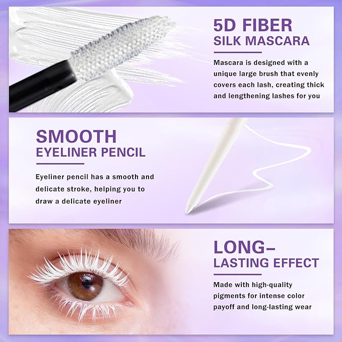 White Mascara and Eyeliner Set 5D Coloured Mascara for Eyelashed, Volumizing Curling Defining Eye Lashes, Long-Lasting Waterproof White Makeup