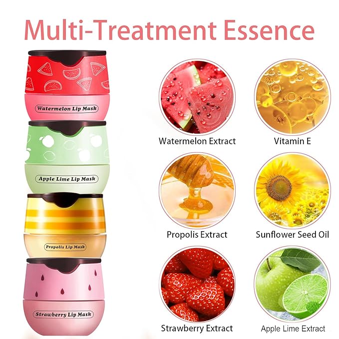 Honey Lip Balm Pot, 3 Pcs Honey & Strawberry & Apple Lime Lip Mask Propolis Moisturizing Hydrating Prevention Dry and Cracked Lip Scrubs Exfoliator