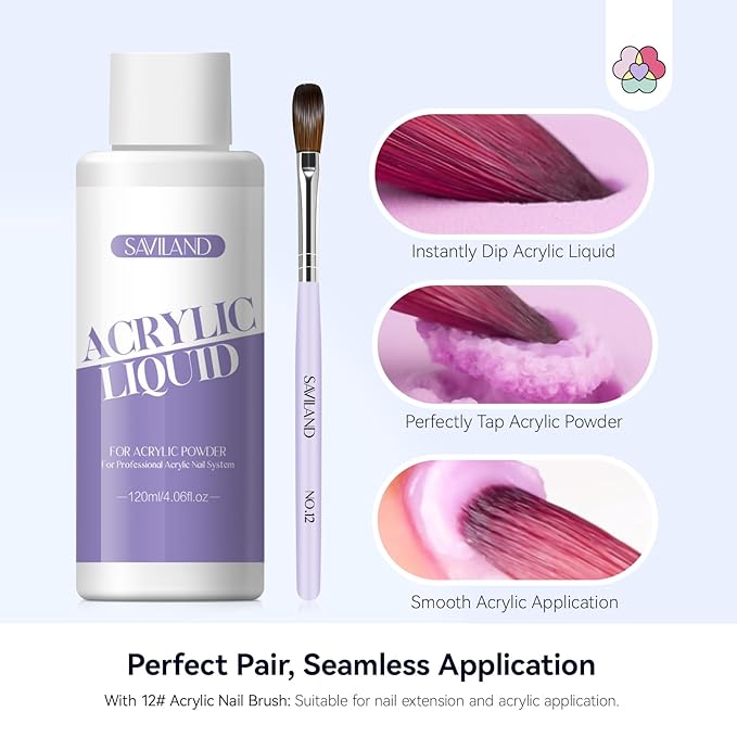 SAVILAND Monomer Acrylic Nail Liquid: 4.06 fl oz MMA-Free Acrylic Liquid Monomer with #12 Brush for Beginners, DIY Nail Art Extensions 3D Sculpting Non-Yellowing Low-Odor Formula for Home or Salon