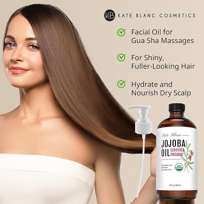 Kate Blanc Cosmetics Organic Jojoba Oil for Hair, Skin & Face (16oz, 100% Pure, Cold Pressed, Natural, Hexane Free, Glass Bottle)