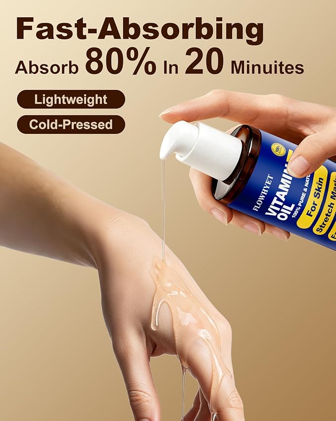 FLOWHYET Vitamin E Oil for Face 5 fl oz, Organic Vitamin E Oil for Scar, Stretch Marks, Skin and Hair, Lightweight Body Oil Moisturizing and Firming Skin, Cold Pressed Hexane Free-150ml