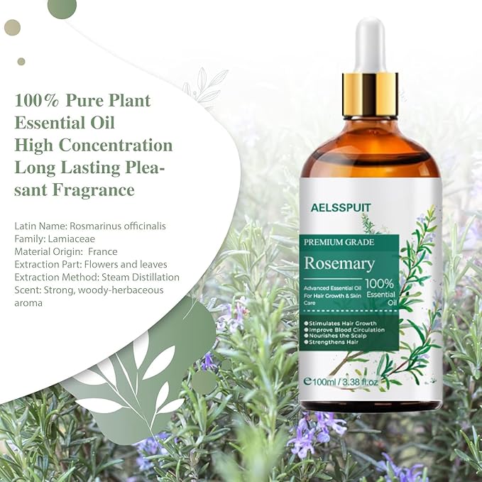 GOSNLDOW Rosemary Essential Oil for Hair Growth & Scalp Care - 3.38 Fl Oz (100ml) 100% Pure Organic Cold Pressed Oil in Glass Bottle - Aromatherapy Diffuser, Skin & Nail Treatment(Large, Rosemary)