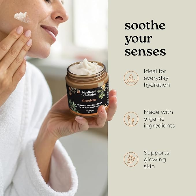 Healing Solutions - Whipped Tallow Balm, Frankincense, Myrrh & Sandalwood Scent, Grass Fed/Grass Finished Beef Tallow w/Organic Jojoba & Manuka Honey for Skin, Face & Body, All Natural Moisturizer