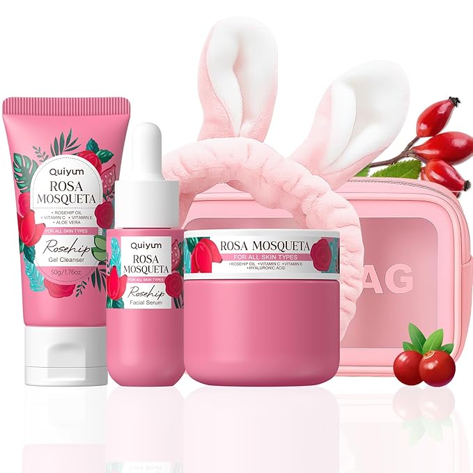 Rosehip Skin Care Set, Beauty Skincare Sets, Natural Facial Skin Care Products, Mother's Day Birthday Christmas Gifts Sets for Women, Nourishing, Hydration, Glow Up, 3PCS, Stocking Stuffers