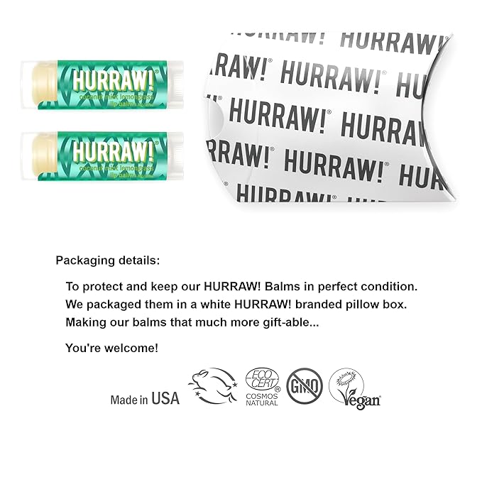 Hurraw! Coconut, Mint, Lemongrass (Pitta) Lip Balm, 2 Pack: Organic, Certified Vegan, Cruelty and Gluten Free. Non-GMO, 100% Natural Ingredients. Bee, Shea, Soy and Palm Free. Made in USA