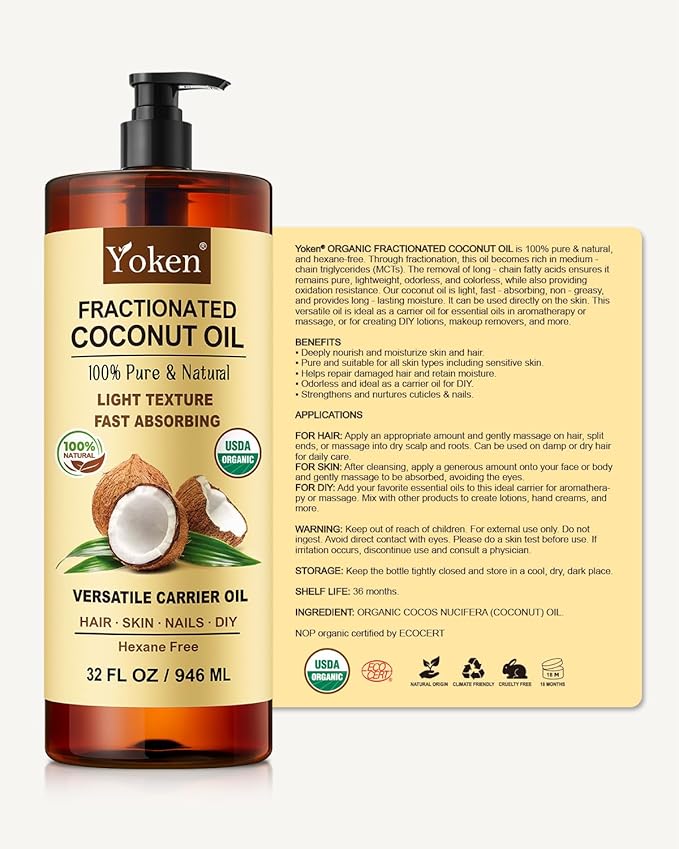 Yoken Organic Fractionated Coconut Oil, 32 Fl Oz, USDA Certified Liquid Coconut Oil for Hair & Body, Carrier Oil for Essential Oils, Unscented, Hexane Free