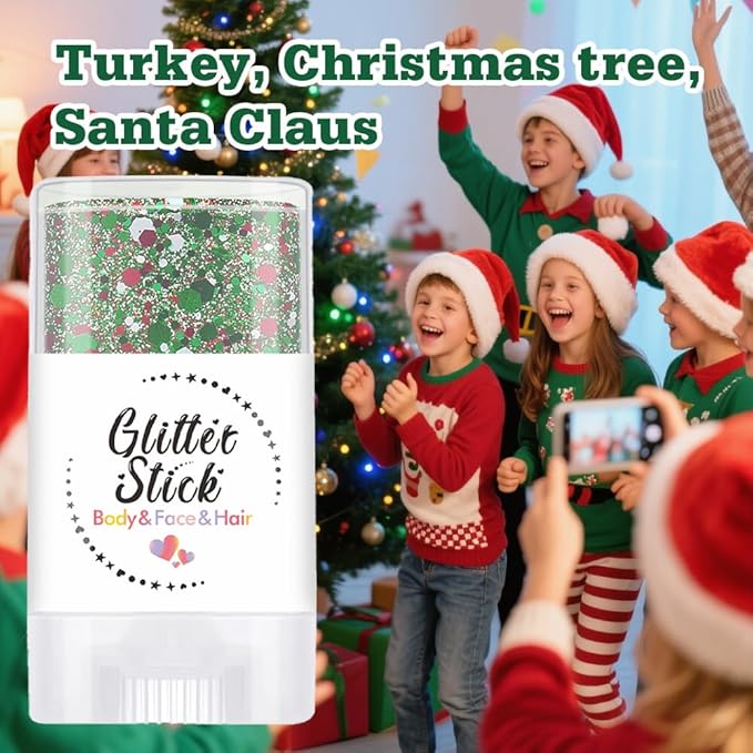 Christmas Body Glitter Stick, Shimmer Shine Sequins Neon Outfit Rave Festival Party Accessories Hair and Face Body Glitter Gel Makeup.(Red Green and White)