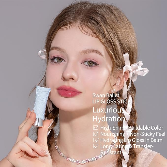 Flower Knows Swan Ballet Shine Lipstick,Hydrating Solid Lip Gloss,Moisturizing Pink Tinted Lip Balm-Long Lasting Lip Gloss in Balm for Girls&Women(B06 Blue Ribbon)