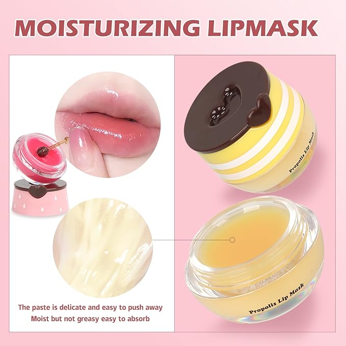 2 PCS Bee Lip Balm Lip Mask Honey Pot, Honey & Strawberry Lip Mask Propolis Moisturizing Lip Balm with Stick - Hydrating Prevention Dry and Cracked Lip Scrubs Exfoliato Lip Wrinkle Care