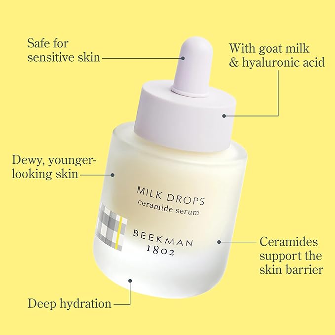 Beekman 1802 Milk Drops Ceramide Facial Serum - Squalane Oil, Hyaluronic Acid & Goat Milk Face Moisturizer - Boosts Skin Radiance & Hydrates Deeply - Fragrance Free - For Oily/Acne Prone Skin