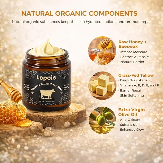 Lopeie Upgraded 4.23 Oz Organic Beef Tallow for Skin & Face – Whipped Grass-Fed Tallow and Honey Balm for Dry, Sensitive Skin, Natural Hydrating Anti Aging Face Moisturizer with Raw Honey (Unscented)
