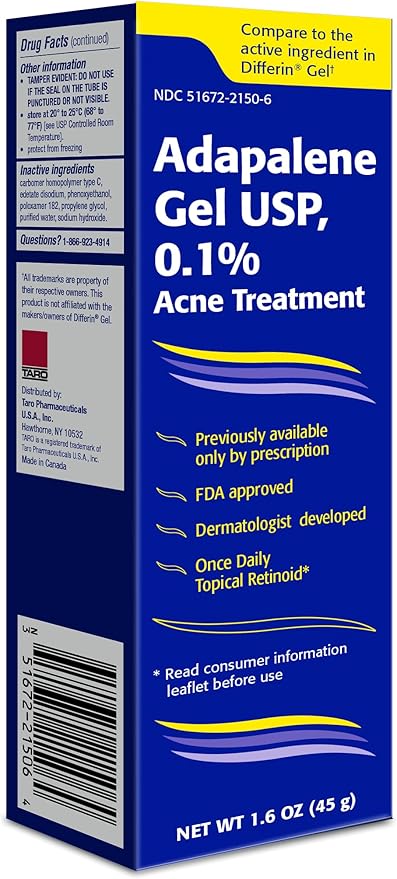 TARO Adapalene 0.1% USP Gel, Paraben Free, Retinoid Acne-Prone Facial Treatment for Sensitive Skin, Prescription Strenght (1.6)