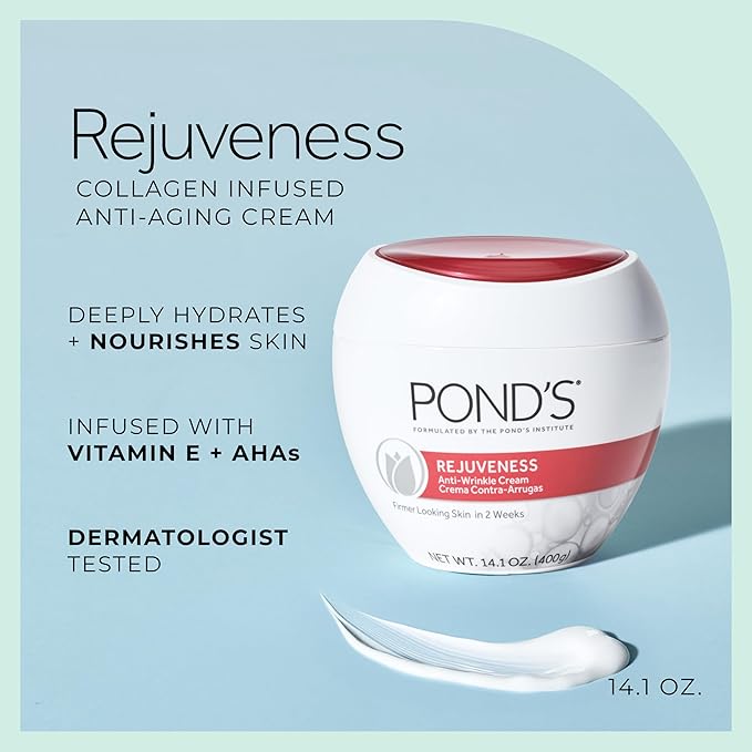 POND’S Rejuveness Face Cream – Anti-Aging Face Moisturizer with AHA’s, Vitamin E & Collagen – Daily Wrinkle Cream for Women – Hydrating Collagen Face Cream – Dermatologist Tested, 14.1 oz