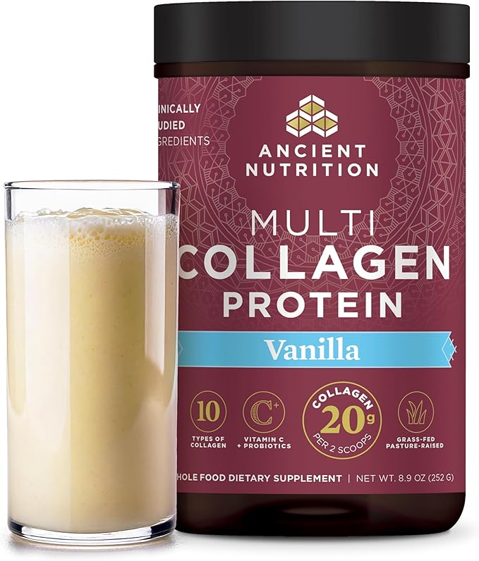 Ancient Nutrition Collagen Peptides Powder, Multi Collagen Protein, Women & Men, Vitamin C, Probiotics, Hydrolyzed Collagen, Supports Skin, Joints, Gut Health, Vanilla, 24 Servings