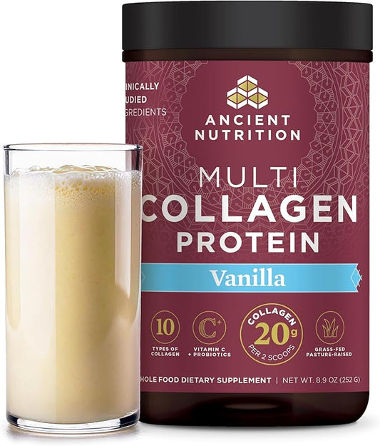 Ancient Nutrition Collagen Peptides Powder, Multi Collagen Protein, Women & Men, Vitamin C, Probiotics, Hydrolyzed Collagen, Supports Skin, Joints, Gut Health, Vanilla, 24 Servings
