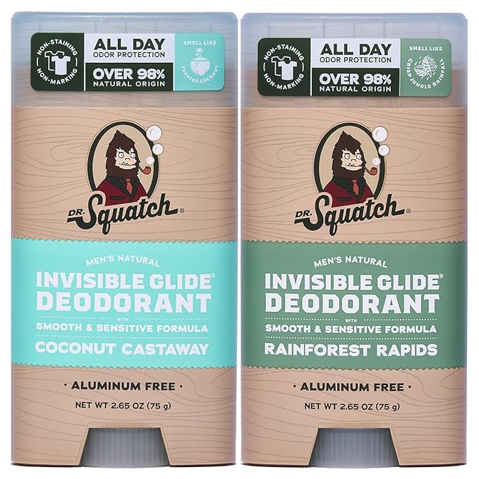 Dr. Squatch Invisible Glide Natural Men’s Deodorant – Smooth Glide, No Stains – Aluminum Free Deodorant Men – Safe for Sensitive Skin – Coconut Castaway + Rainforest Rapids, 2.65oz (2-Pack)